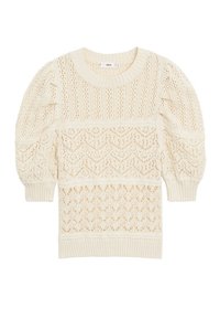 Cream-colored knitted sweater featuring a textured pattern, rounded neckline, and puffed sleeves with ribbed cuffs and hem.