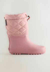 Stivale waterproof rosa con tomaia in nylon trapuntato, punta arrotondata e suola in gomma texturizzata dotata di scanalature per la presa.
