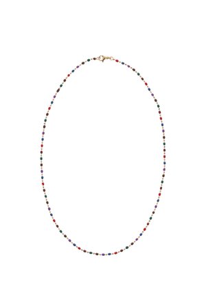 Colier delicat cu mărgele mici multicolore în roșu, albastru, verde, mov și maro, prevăzut cu un închizător auriu.