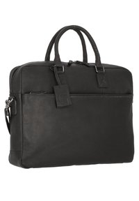 Schwarze Lederaktentasche mit zwei Obergriffen, Reißverschluss, Vordertasche und abnehmbaren Schultergurt. Strukturierte Oberfläche und metallische Akzente.