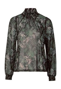 Doorzichtige, donkergroene blouse met bloemenpatronen in lichtgroen en roze. Hoge, gerimpelde halslijn en lange mouwen met gathered manchetten.