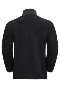 Pullover in pile nero con colletto alto e maniche lunghe. Texture liscia, design semplice, senza pattern o decorazioni visibili.