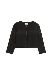 Zwarte cropped cardigan met een ronde halslijn, lange mouwen en een sluiting aan de voorkant met horizontale strepen voor textuur.