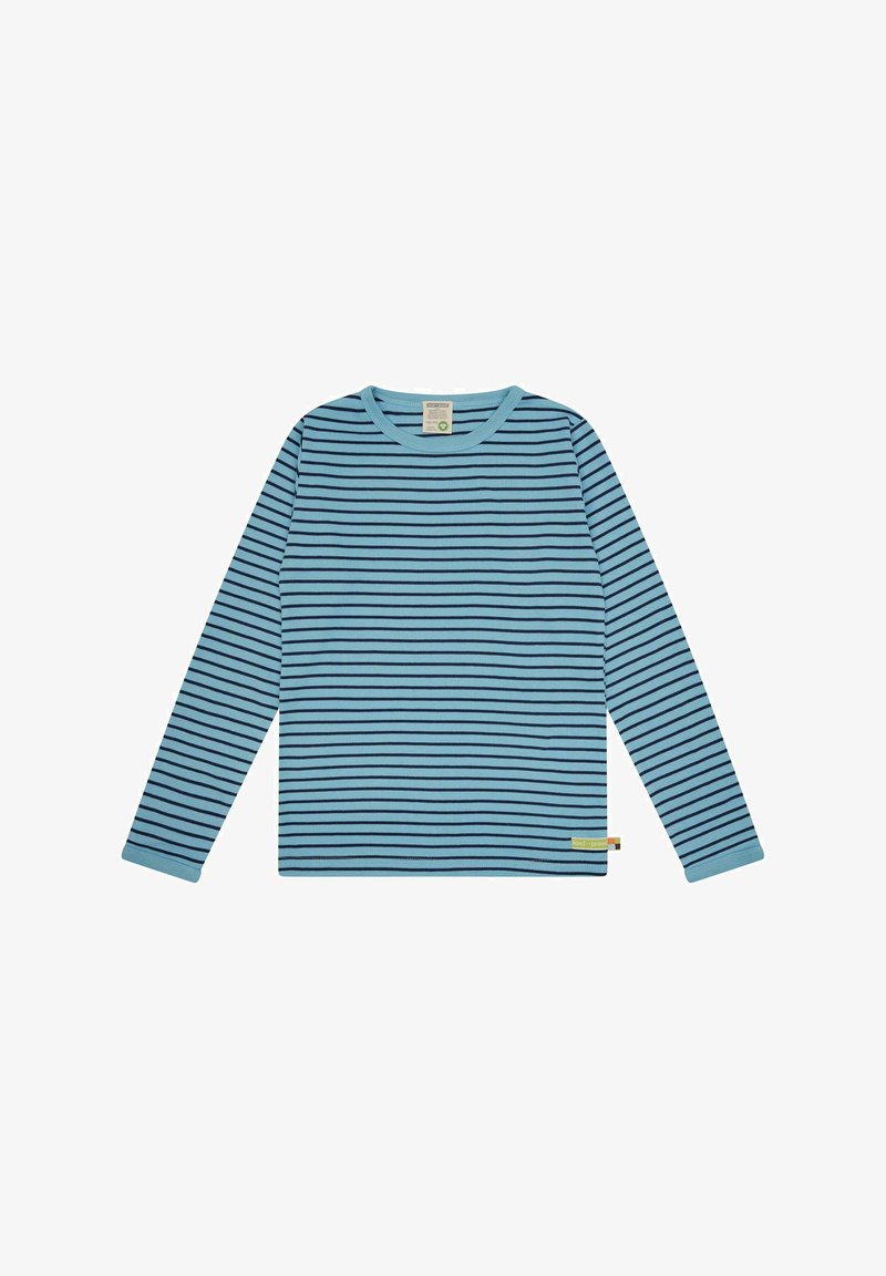 Langärmliges blaues Hemd mit horizontalen schwarzen Streifen, Rundhalsausschnitt und einem kleinen Etikett am Saum. Hergestellt aus weichem, leichtem Stoff.