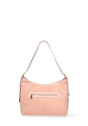 Borsa a tracolla in suede rosa con una sola tracolla, tasca anteriore con zip e superficie liscia. Caratterizzata da hardware in ottone e forma arrotondata.