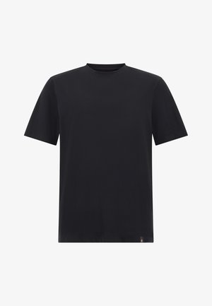 Mustmust T-särk lühikeste varrukatega ja ümberkaudse kaelusega. Omab väikest logot hemme lähedal. Sile tekstuur ja lihtne disain.