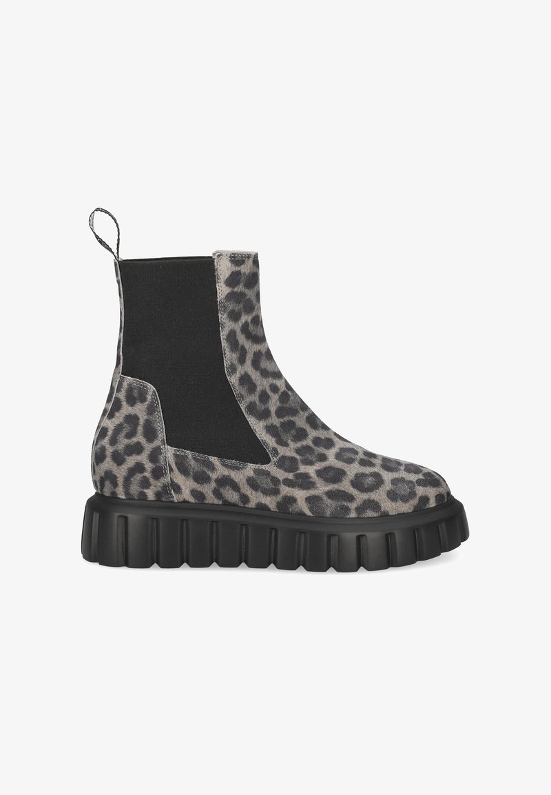 Leopard print ankle boots in gray and black suede, featuring elastic side panels and a thick black rubber sole with a ribbed texture.