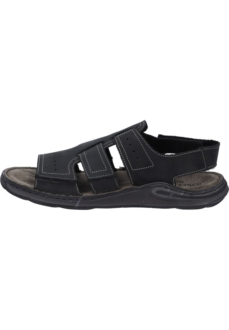 Sandali neri in pelle con più cinturini, design open toe, soletta imbottita e suola in gomma texturizzata. Cuciture bianche visibili come dettagli.