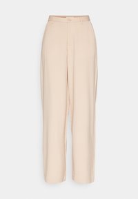 Pantalon taille haute beige avec une coupe droite, doté d'une fermeture à un bouton, de passants de ceinture et d'une texture lisse. Aucune motif ni accent visible.