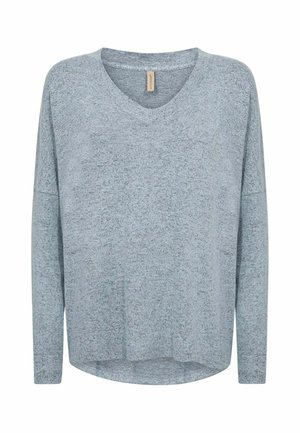 Light blue, long-sleeve pullover top with a V-neck, made from textured fabric. Features a slightly curved hemline for a relaxed fit.