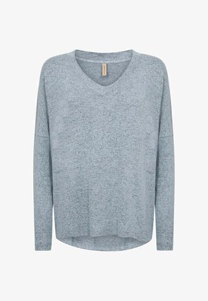 Jasnoniebieski długi rękaw, bluza z dekoltem w serek, wykonana z teksturowanej tkaniny. Charakteryzuje się lekko zaokrąglonym dołem dla luźniejszego kroju.