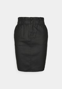 Jupe en denim noir avec une taille élastique, deux boutons à l'avant et une silhouette ajustée. Texture lisse et longueur au genou.