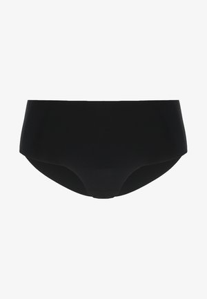 Culotte noire en tissu extensible, ayant une finition lisse et un design couvrant. Pas de coutures visibles ni d'éléments décoratifs.