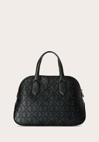 Borsa a tracolla nera in pelle con forma strutturata, motivo trapuntato, doppie maniglie superiori e chiusura con zip. Dettaglio del logo in rilievo ben visibile sulla superficie.