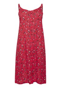 Robe rouge sans manches avec fines bretelles, boutonnée à l'avant, avec un petit motif floral blanc et rose.