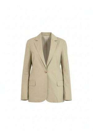 Blazer beige con un solo bottone, rever a tacca, maniche lunghe e due tasche frontali con patta.