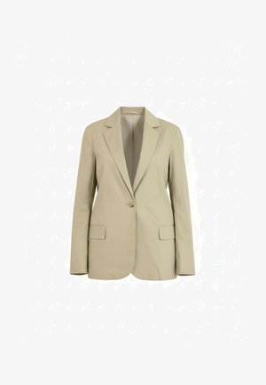 Blazer beige con un solo bottone, rever a tacca, maniche lunghe e due tasche frontali con patta.