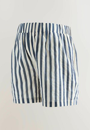 Svītraini šorti ar brīvu piegriezumu, ar jūras zilas un baltas vertikālās svītras, elastīgu jostasvietu un mīkstu kokvilnas materiālu.
