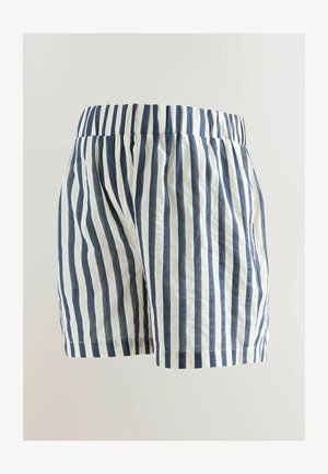 Svītraini šorti ar brīvu piegriezumu, ar jūras zilas un baltas vertikālās svītras, elastīgu jostasvietu un mīkstu kokvilnas materiālu.