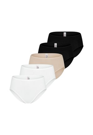 Fünf Damen-Baumwollslips mit vollständiger Abdeckung in Schwarz, Beige und Weiß, diagonal gestapelt vor weißem Hintergrund.