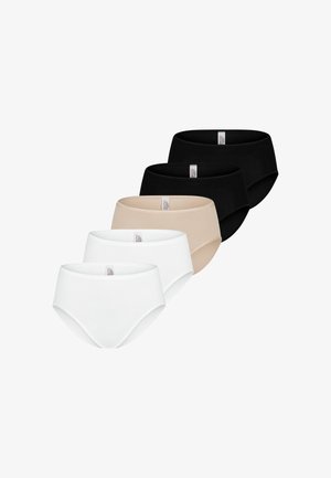 Fünf Damen-Baumwollslips mit vollständiger Abdeckung in Schwarz, Beige und Weiß, diagonal gestapelt vor weißem Hintergrund.