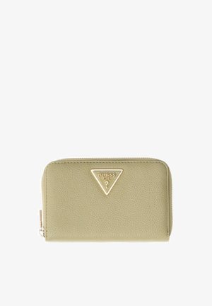 Rectangular beige leather wallet with zip closure and gold triangular Guess USA logo centered on the front.