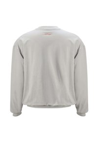 Lichtgrijze sweatshirt met lange mouwen, ronde halslijn, elastische manchetten en zoom. Heeft een kleine rode graphic op de bovenrug.