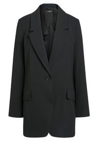 Sort skræddersyet blazer med spidse klapkraver, enkelt knaplukning, to frontlommer, lange ærmer og en glat tekstur.