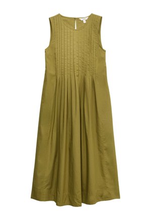 Robe midi sans manches vert olive avec panneau avant plissé, encolure ronde et fermeture à boutons au dos.