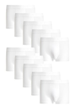 White boxer briefs stacked in a row, made of soft cotton with a plain design, featuring an elastic waistband with a logo.