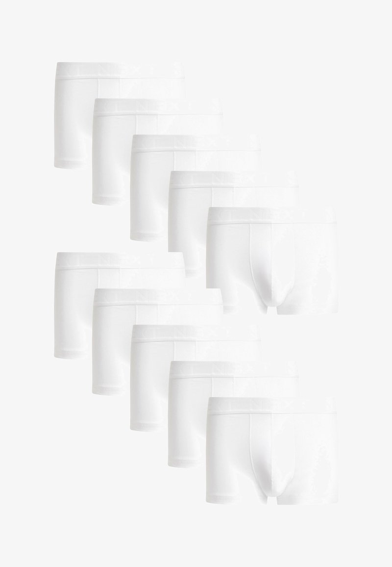 Bijele bokserice složene u red, izrađene od mekanog pamuka s jednostavnim dizajnom, imaju elastičnu traku s logotipom.