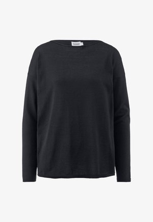 Schwarzes Langarmoberteil aus weichem Stoff, mit weitem Ausschnitt und fallenden Schultern, in lockerer Passform und geradem Saum.