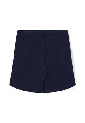 Pantaloncini blu navy con una fascia elastica in vita, due tasche posteriori con bottoni e un tessuto liscio e leggero.