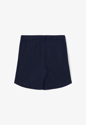 Pantaloncini blu navy con una fascia elastica in vita, due tasche posteriori con bottoni e un tessuto liscio e leggero.