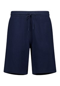 Marina blå shorts i mjukt tyg, med elastisk midja och dragsko, sidofickor och en avslappnad passform.