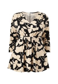 Zwarte en beige jurk met lange mouwen, voorzien van een bloemenpatroon. V-hals ontwerp en gathered taille, gemaakt van zachte stof met een gestructureerde afwerking.