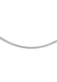 Catena in argento placcato con un design liscio e attorcigliato, caratterizzata da una forma flessibile e arrotondata. La superficie presenta una finitura lucida ad alto brillantezza con una sottile texture.