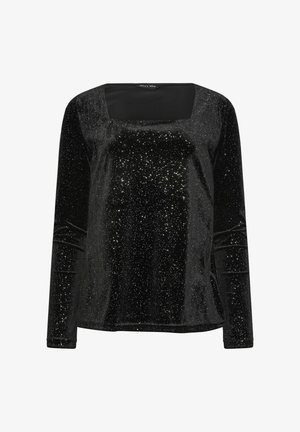 Schwarzes Samtoberteil mit langen Ärmeln, das über einen quadratischen Ausschnitt verfügt und mit verstreuten funkelnden Akzenten auf dem Stoff versehen ist. Glatte Textur und lässiges Design.