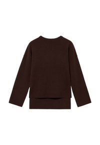 Brauner Strickpullover mit Rundhalsausschnitt, überschnittenen Schultern und geteiltem Saum-Design. Verfügt über lange Ärmel und eine weiche Textur.