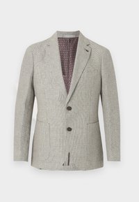 Ανδρικό σακάκι σε ανοιχτό γκρι με διακριτικό καρό μοτίβο, δύο κουμπιά στο μπροστινό μέρος, γιακάδες με εγκοπές, τσέπες τύπου patch και επένδυση με λογότυπο.