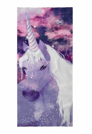 Un unicornio púrpura con melena blanca y cuerno en espiral sobre un fondo de galaxia estrellada en tonos rosa y púrpura, con el logo de Buff.