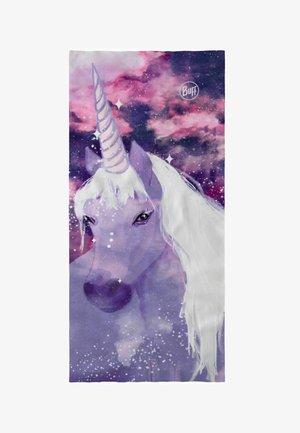 Un unicornio púrpura con melena blanca y cuerno en espiral sobre un fondo de galaxia estrellada en tonos rosa y púrpura, con el logo de Buff.