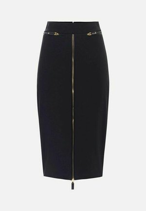 Gonna a matita nera in tessuto liscio, con cerniera frontale con ferramenta dorata e due tasche con zip vicino alla vita.