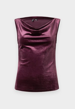 Top din satin cu finisaj mat, fără mâneci, de culoare burgundă închisă, cu decolteu cowl și textură netedă. Design simplu, fără modele sau accente vizibile.