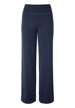 Navyblauwe wijde broek met hoge taille, gladde textuur en eenvoudig ontwerp, weergegeven op een witte achtergrond.