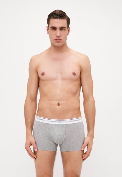 Gray cotton boxer briefs with a white waistband featuring the "DSquared2" logo. Fitted design with a soft texture and no embellishments.