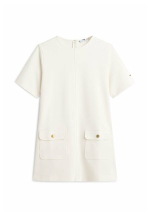 White short-sleeve dress with round neckline, front zipper, and two flap pockets with gold buttons near the hem.