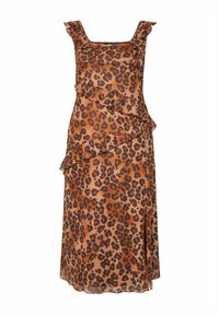 Vestido de estampado de leopardo en tonos marrones con tirantes de hombro con volantes, volantes inclinados a lo largo del costado y un detalle de abertura lateral.