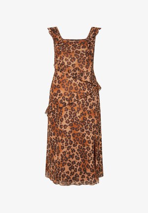 Abito maculato in tonalità di marrone con spalline arricciate, rouches oblique lungo il lato e dettaglio con spacco laterale.