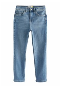 Světle modré džíny z denimu s úzkým střihem, pěti kapsami, vybledlým vzhledem a zapínáním na knoflík se zipem.